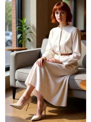 FRM Kadın Uzun Kollu A Line Çizgili Maxi Elbise Hakim Yaka Dokuma Kumaş Kemer Detayı ile Rahat Şıklık