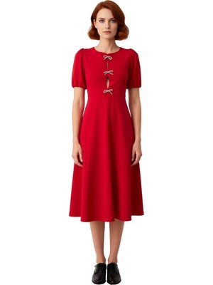 Ersefa Kadın Fashion Forward Skater Midi Bisiklet Yaka Balon Kol Fiyonklu Örme Kokteyl Elbisesi Kaliteli