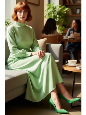 FRM Kadın Uzun Kollu Dik Yakalı Kuşak Detaylı Dokuma Maxi Elbise Şık ve Konforlu Günlük Kullanım Için