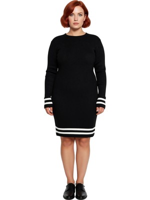 Ersefa Kadın Bodycon Fitilli Triko Kazak Elbise Bisiklet Yaka Uzun Kol Çizgili Detaylar ile Şık Görünüm