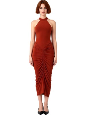 Ersefa Kadın Kolsuz Bodycon Elbise Boyundan Bağlamalı Büzgülü Midi Kesim Örme Sandy Dokulu Şık Kaliteli