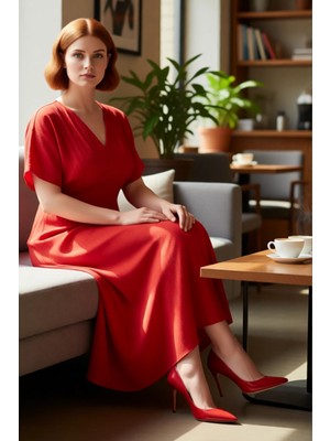FRM Kadın Büyük Beden V Yaka Dokuma Crinkle Maxi Elbise A Line Kalıp Cool Comfort Ilkbahar Sonbahar