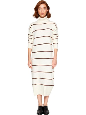 Ersefa Kadın Triko Balıkçı Yaka Midi Boy Çizgili Düşük Kol Rahat Kalıp Elbise Günlük Şıklık Kaliteli