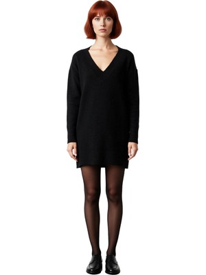 Ersefa Kadın Düz Desen Mini Boy Triko Kazak Elbise Rahat Kesim V Yaka Kış Sezonu Için Mükemmel Kaliteli