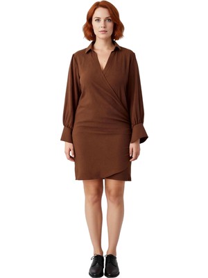 Ersefa Kadın Kruvaze Düz Desen Mini Boy Uzun Kollu Dokuma Elbise Polyester Materyal Ilkbahar Sonbahar