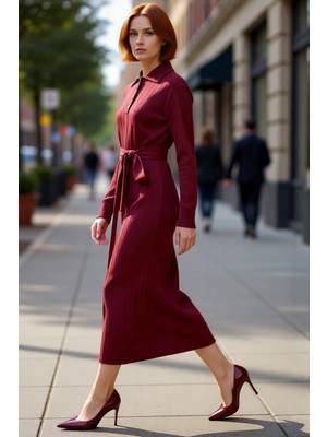 PayBuy Kadın Polo Yaka Uzun Kollu Triko Maxi Elbise Akrilik Kumaş Kuşaklı Shift Kalıp Düz Tasarım