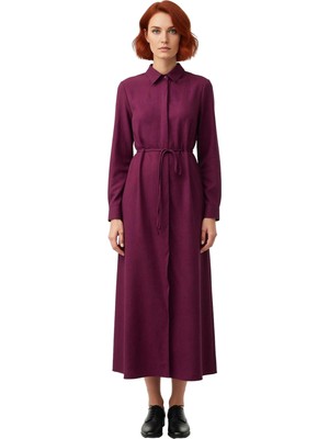 Ersefa Kadın Uzun Kollu Gömlek Yaka Maxi Boy A Line Kesim Düz Dokuma Tesettür Günlük Elbise Kaliteli