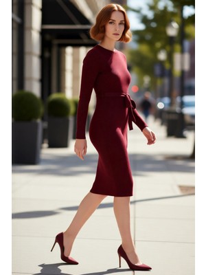 PayBuy Kadın Kuşaklı Bodycon Triko Midi Elbise Bisiklet Yaka Uzun Standart Kollu Şık Ilkbahar Sonbahar