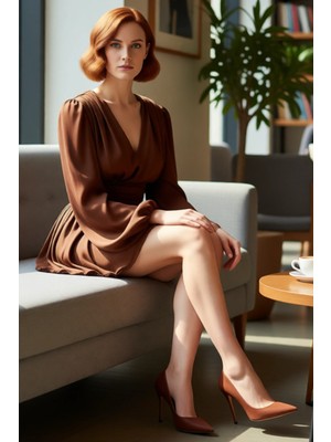 FRM Kadın Zarif Saten Dokuma Skater Mini Elbise Balon Kol Detaylı V Yaka Şık Tasarım Feminen Kaliteli