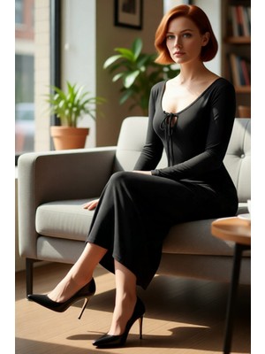 FRM Kadın Maxi Boy Örme Elbise Vücuda Oturan Bodycon Kesim Havuz Yaka Bağlama Detaylı Uzun Kol