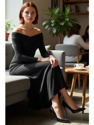 FRM Kadın Düz Desen Carmen Yaka Uzun Kollu A Line Örme Maxi Elbise Şık Gece Davetleri Için Ideal.