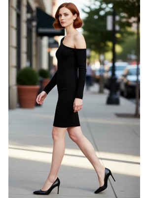 PayBuy Kadın Bodycon Asimetrik Yaka Uzun Kollu Fitilli Örme Mini Elbise Gündüz Gece Davet Stili Kaliteli