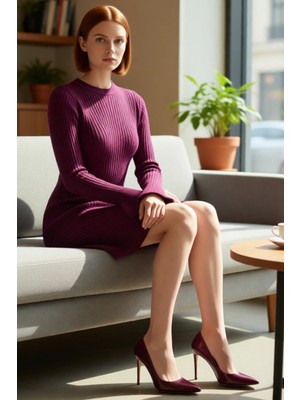 FRM Kadın Casual A Line Triko Mini Elbise Fitilli Dokuma Bisiklet Yaka Uzun Kollu Rahat ve Modern
