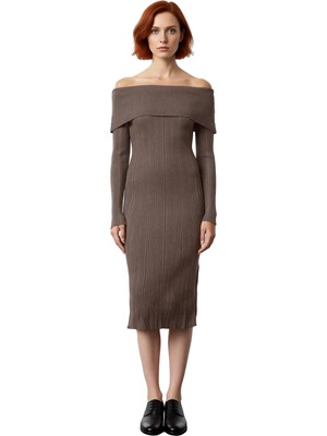 Ersefa Kadınların Şık Gündüz Gece Kombinleri Için Ideal Carmen Yaka Midi Boy Triko Elbise Kaliteli