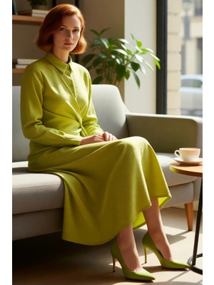 FRM Kadın Ilkbahar Sonbahar A Line Maxi Elbise Dokuma Gömlek Yaka Belden Bağlamalı Günlük Şık Seçim