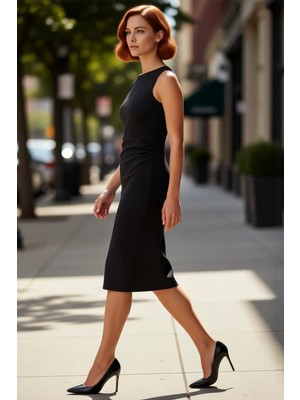 PayBuy Kadınlar Için Şık ve Modern Bodycon Midi Elbise Asimetrik Yaka Detaylı Kolsuz Tasarım Kaliteli