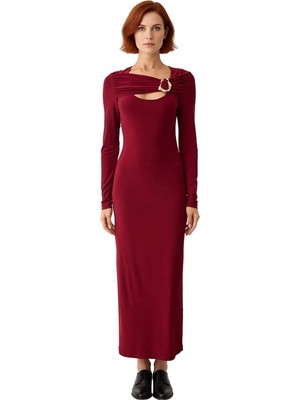 Ersefa Kadın Fashion Forward Kesik Detaylı Drapeli Uzun Kollu Maxi Örme Elbise Kış Gündüz Gece Şıklığı.