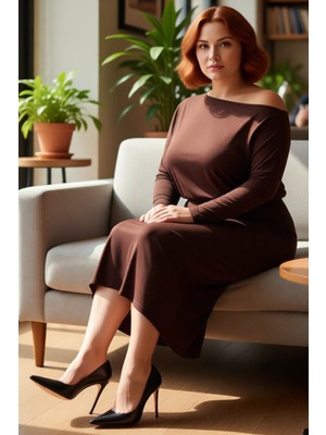 FRM Şık Kadın Asimetrik Yaka Düz Desen Uzun Kollu Bodycon Örme Elbise Kış Mevsimi Için Uygun ve Zarif