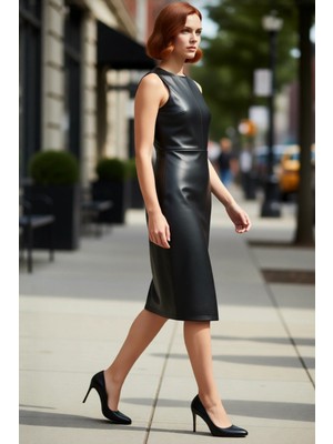 PayBuy Kadın Bodycon Kesim Suni Deri Kruvaze Midi Elbise Bisiklet Yaka Kolsuz Tasarım Şık Gece Kombinleri