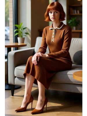 FRM Kadın Renk Bloklu Polo Yaka Triko Elbise Shift Kalıp Standart Kol Maxi Boy Günlük Kullanım Için Şık