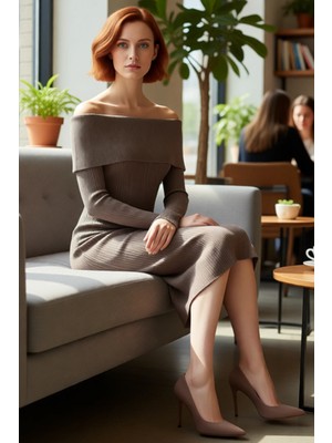 FRM Kadın Düz Desen Midi Boy Triko Carmen Yaka Uzun Kollu Shift Kalıp Zarif Elbiseleri Kaliteli