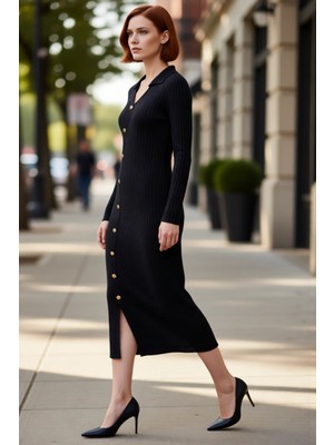 PayBuy Kadın Bodycon Fitilli Triko Midi Elbise Asimetrik Düğme Detaylı Uzun Kollu Şık ve Konforlu Akrilik