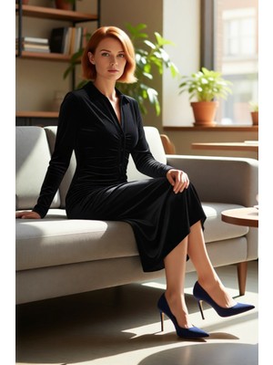 FRM Kadın Siyah Kadife Bodycon Midi Elbise Polo Yaka Uzun Kol Kapamalı Günlük ve Özel Anlar Için
