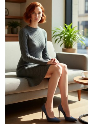 FRM Kadın Casual A Line Triko Mini Elbise Fitilli Dokuma Bisiklet Yaka Uzun Kollu Rahat ve Modern