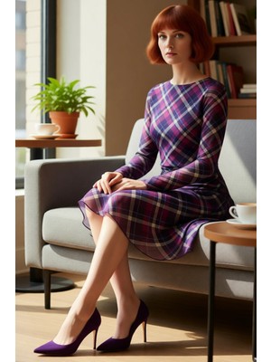 FRM Kadın Büzgü Detaylı Ekose Desenli Skater Mini Elbise Uzun Kollu Ilkbahar Sonbahar Şık ve Rahat