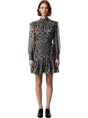 Ersefa Kadın Dik Yaka Balon Kol Fırfırlı Kemerli Geometrik Desenli Astarlı A Line Mini Elbise Kaliteli