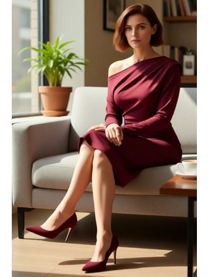 FRM Kadın Düz Desen Midi Boy Asimetrik Yaka Reglan Kol Bodycon Scuba Krep Örme Elbise Kış Kombinleri