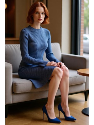 FRM Kadın Casual A Line Triko Mini Elbise Fitilli Dokuma Bisiklet Yaka Uzun Kollu Rahat ve Modern