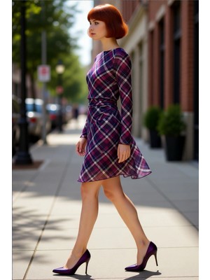 PayBuy Kadın Ekose Desenli Skater Kalıp Uzun Kollu Astarlı Mini Elbise Modern ve Konforlu Günlük Şıklık