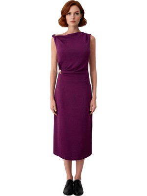 Ersefa Kadın Kayık Yaka Kolsuz Düz Desenli Dokuma Midi Elbise Casual Ortamlar Için Zarif ve Rahat