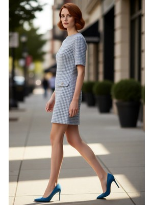 PayBuy Kadın Shift Kalıp Kısa Kollu Kazayağı Desenli Tüvit Elbise Şık Düğme Detaylı Ilkbahar Sonbahar