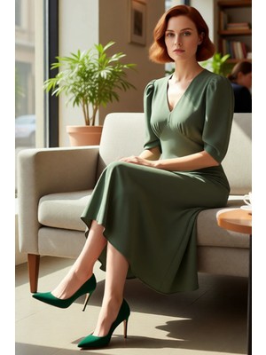 FRM Kadın Düz Desen Midi Boy Skater Kesim V Yaka Truvakar Kol Krep Dokuma Elbise Günlük Stil Kaliteli