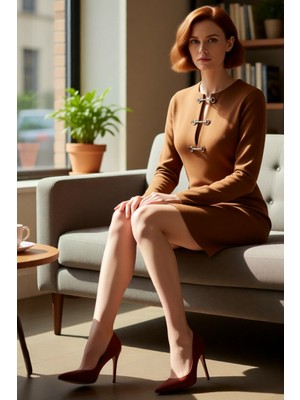 FRM Kadın Modern Dokuma Mini Elbise Shift Kalıp Uzun Kollu Aksesuar Detaylı Kış Stili Zarif Kaliteli