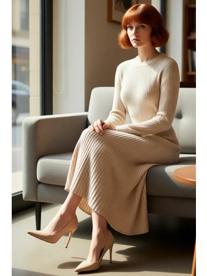 FRM Kadın Rahat Akrilik Triko Elbise Düz Dokuma Skater Kesim Bisiklet Yaka Kışlık Uzun Kol Maxi