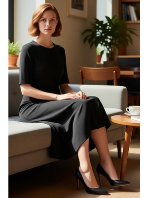 FRM Kadın Günlük Giyim Cool Comfort Siyah Midi Elbise A Line Kesim %100 Pamuk Rahatlığı Kaliteli
