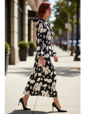 PayBuy Kadın A Line Maxi Boy Çiçekli Desenli Fiyonklu Bisiklet Yaka Ispanyol Kol Dokuma Elbise Kaliteli