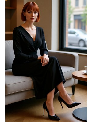 FRM Kadın Uzun Kollu Bodycon Kruvaze Yaka Drape Detaylı Polyester Örme Şık Maxi Abiye Elbise Kaliteli