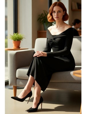 FRM Kadın Şık Gece Davetleri Için Carmen Yaka Bodycon Kesim Astarsız Örme Midi Elbise Tasarımı