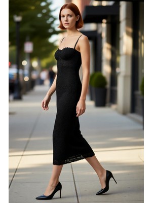 PayBuy Kadın Şık Bodycon Midi Elbise Ince Askılı Kalp Yaka Dantel Detaylı Astarlı Özel Davet Elbisesi