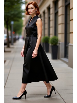 PayBuy Kadın Kemerli V Yaka Skater Siluet Saten Dokuma Maxi Elbise Gece Davetleri Için Şık Tasarım