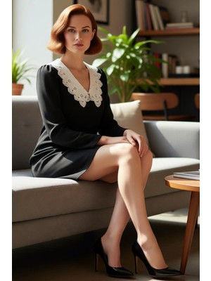 FRM Kadın Siyah Dokuma Mini Elbise A Kesim Uzun Kollu V Yaka Nakış Detayıyla Kış Sonbahar Şıklığı