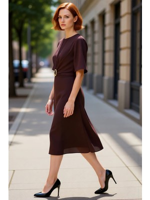 PayBuy Kadın Bordo A Line Kesim Midi Boy Düz Mat Saten Dokuma Elbise Aksesuar Detaylı Şık Bisiklet Yaka