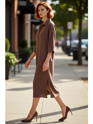 PayBuy Kadın Modal Gömlek Yaka Düz Desen Truvakar Kol Düğmeli Astarsız Midi Boy Elbise Ilkbahar