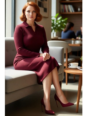 FRM Kadın Bodycon Kesim Polo Yaka Triko Elbise Fitilli Dokusuyla Midi Boy Kış Şıklığı Sunar Kaliteli