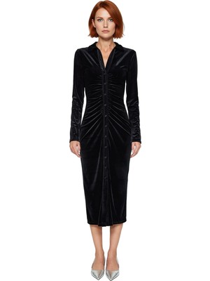 Ersefa Kadın Siyah Kadife Midi Bodycon Elbise Polo Yaka Uzun Kol Büzgü Detaylı Smart Casual Stili