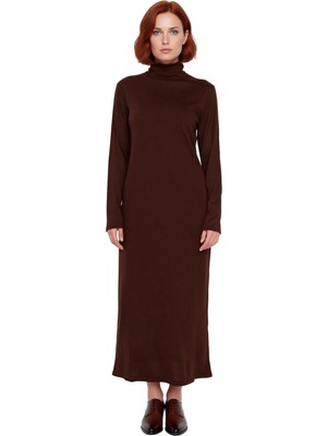 Ersefa Kadın Dik Yaka Triko Maxi Elbise A Kesim Uzun Kollu Akrilik Rahat Kışlık Günlük Kombinler Için Ideal